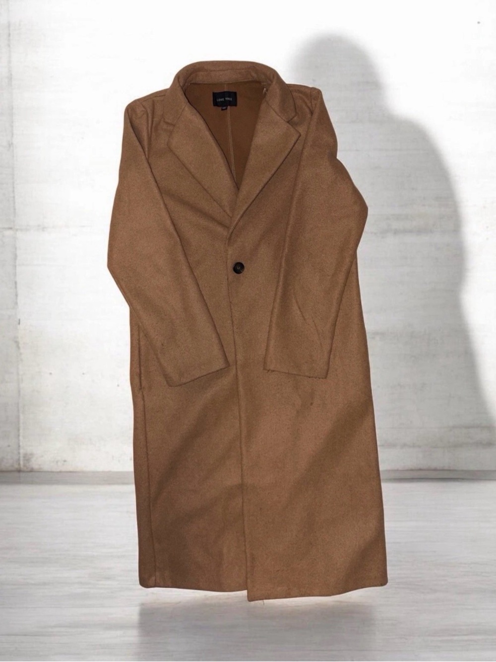 Love Tree Single-Button Long Pea Coat in Camel Brown